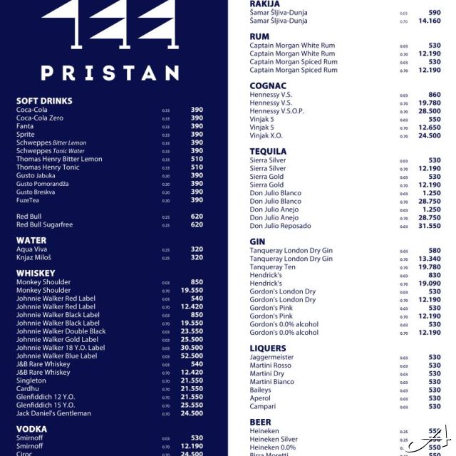 Splav Pristan - cenovnik pića
