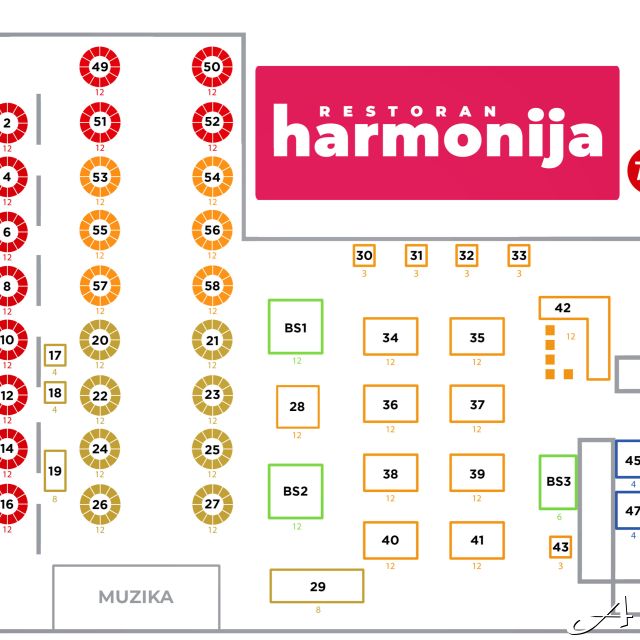 Restoran Harmonija - raspored stolova za Novu godinu