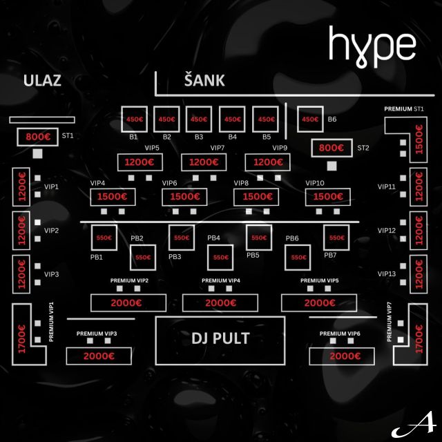 Klub Hype - mapa sedenja i cena