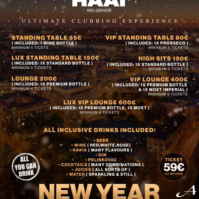 Klub Haai - cenovnik dočeka